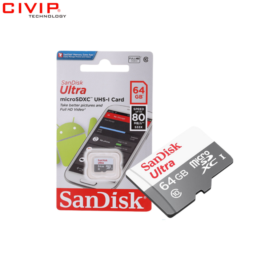 Thẻ nhớ SanDisk Ultra 64GB SDSQUNR-064G-GN3MN (microSDXC/SQUAR/C10/UHS-1/10Y)