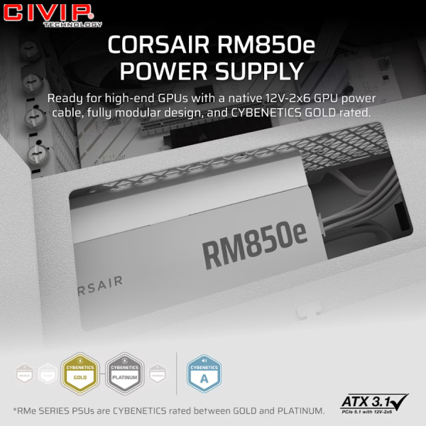 Nguồn máy tính Corsair RM850e White ATX 3.1 Cybenetics Gold - Full Modul (CP-9020293-NA)