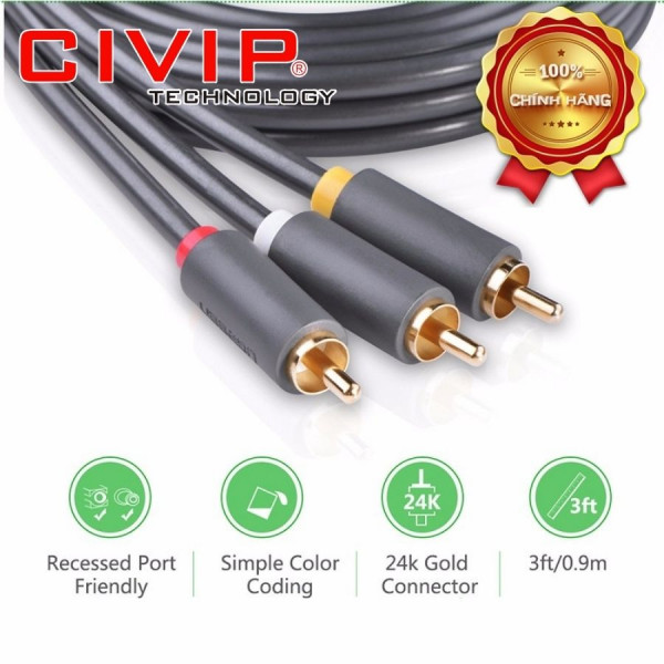 Dây loa AV 3-3 5M đầu mạ vàng 24K Ugreen 10527