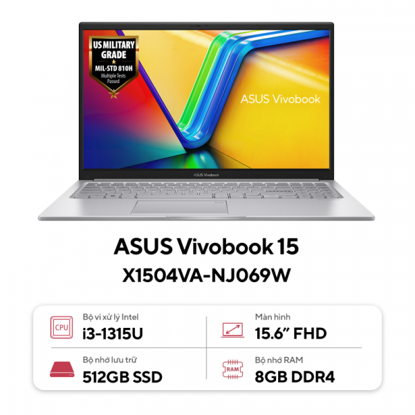 Laptop ASUS X1504V (i3-1315U/8GD4/512G-SSD/15.6FHD/FP/WiFi6E/BT5/3C42WHr/W11H/BẠC)