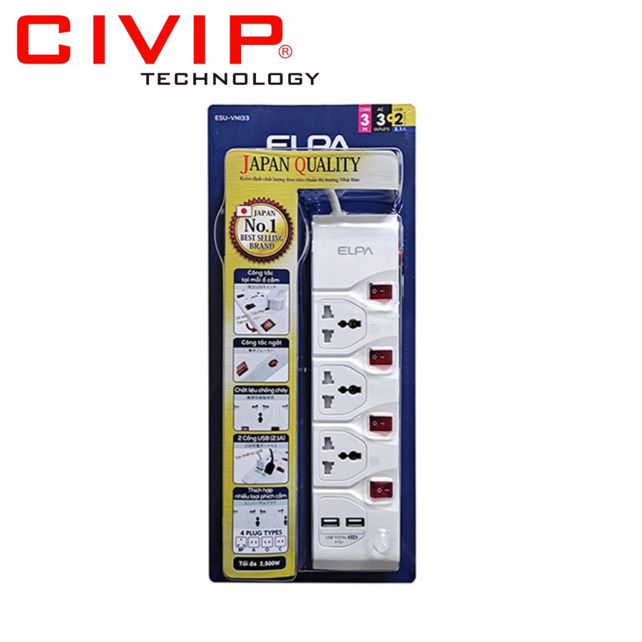 Ổ cắm điện Elpa ESU-VNI33 ( 3 ổ điện, 4 công tắc, 2 x USB, dài 3m)